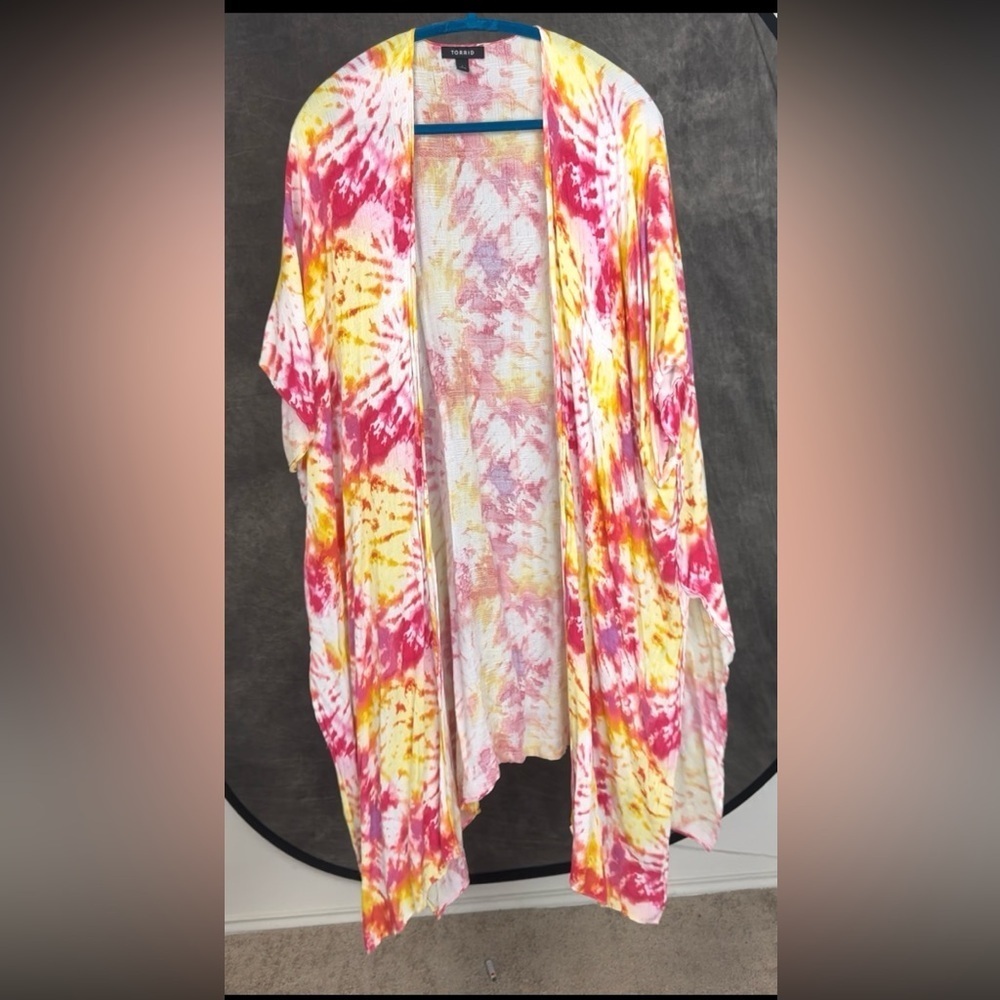 Torrid 1 (1X) Yellow Pink Tie Dye Long Duster Kimono Cardigan Starburst Print - Picture 4 of 8